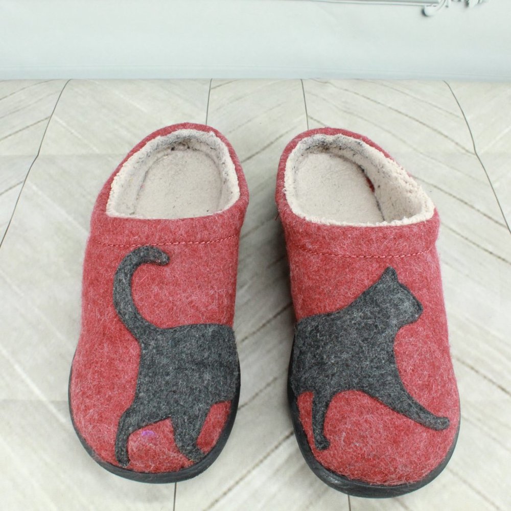 LL BEAN Women's Red Cat Motif Daybreak Scuffs Lined Wool Slippers Size 6 M - Picture 5 of 8